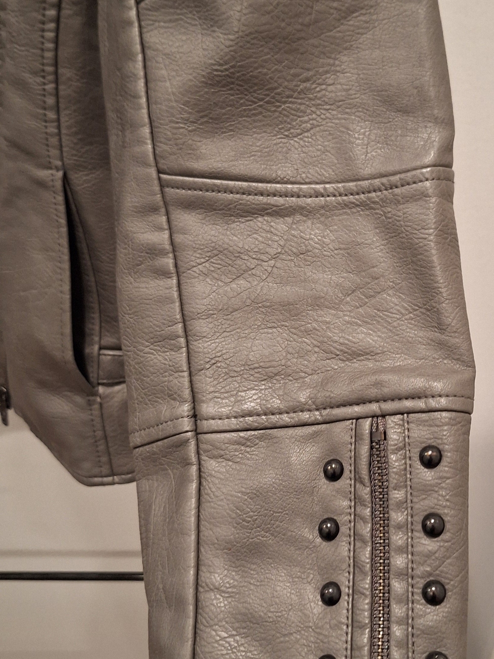 Colleen Lopez Grey Faux-Leather Bomber Jacket with Stud Accents